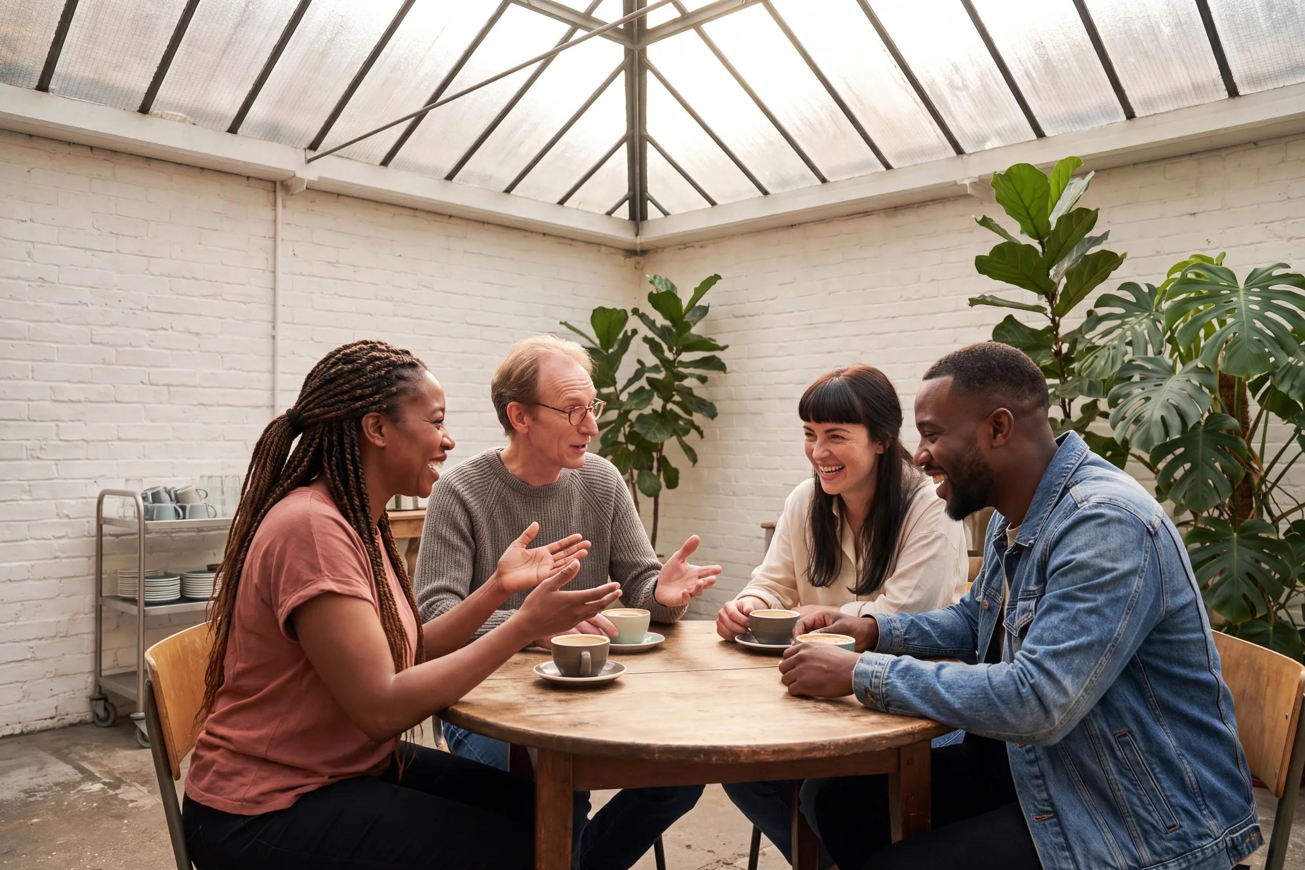 Quatre adultes en discussion autour d’une table, sous une verrière.