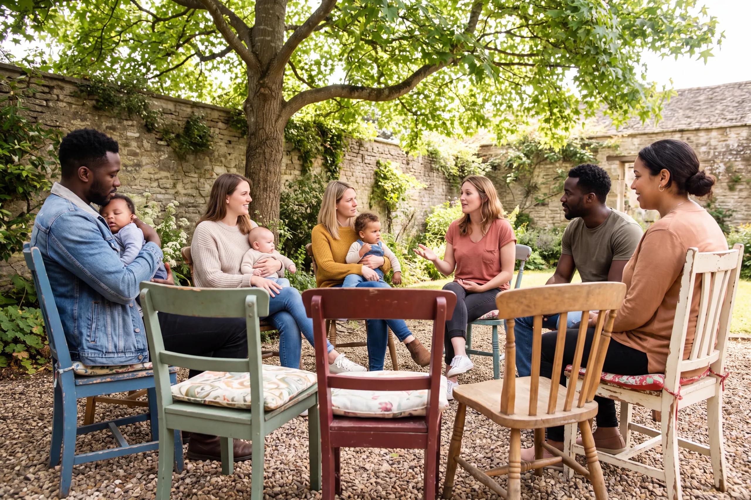 Des parents assis en cercle dans un jardin, plusieurs avec un bébé dans les bras.