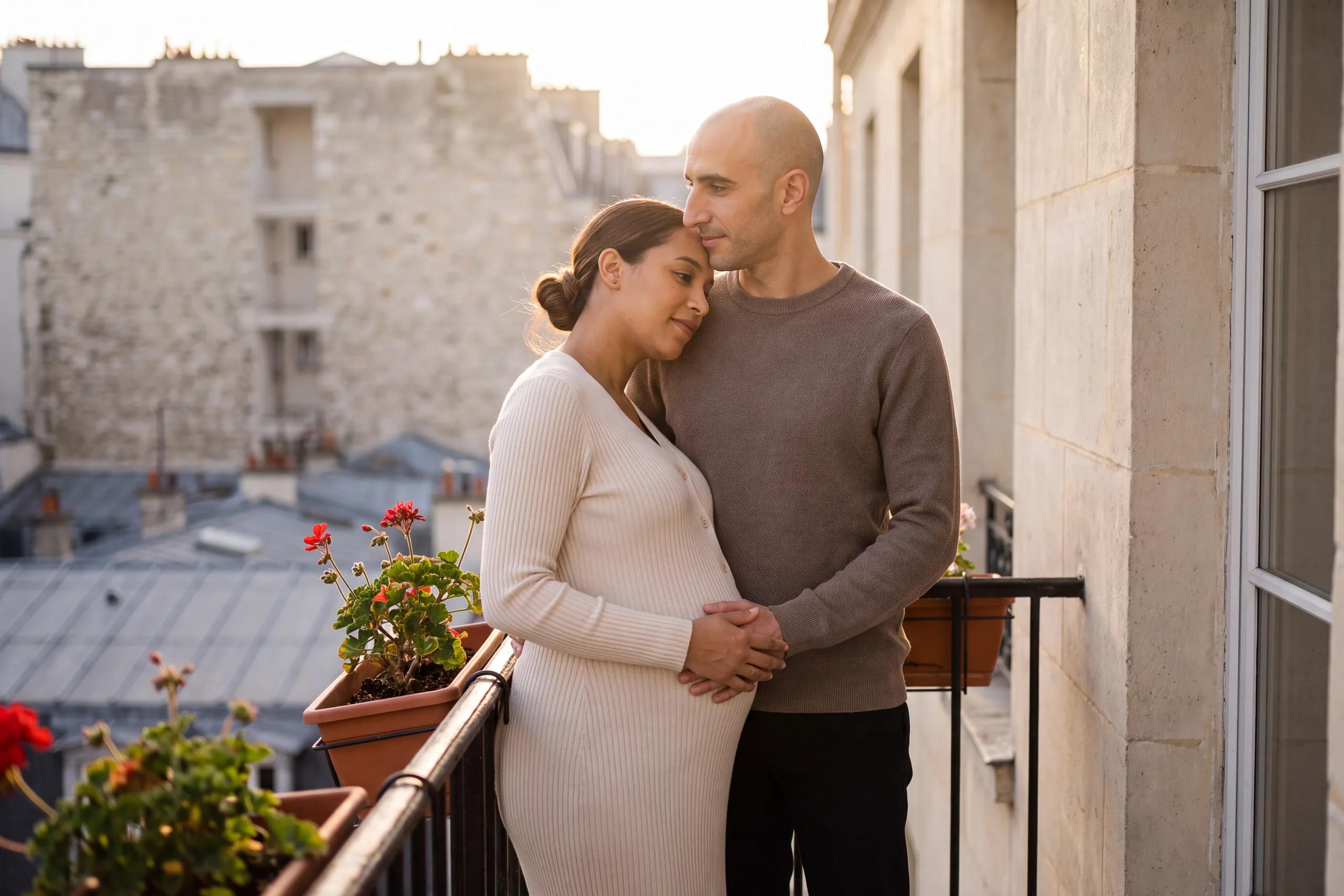 Un couple sur un balcon parisien, leurs mains réunies sur le ventre.
