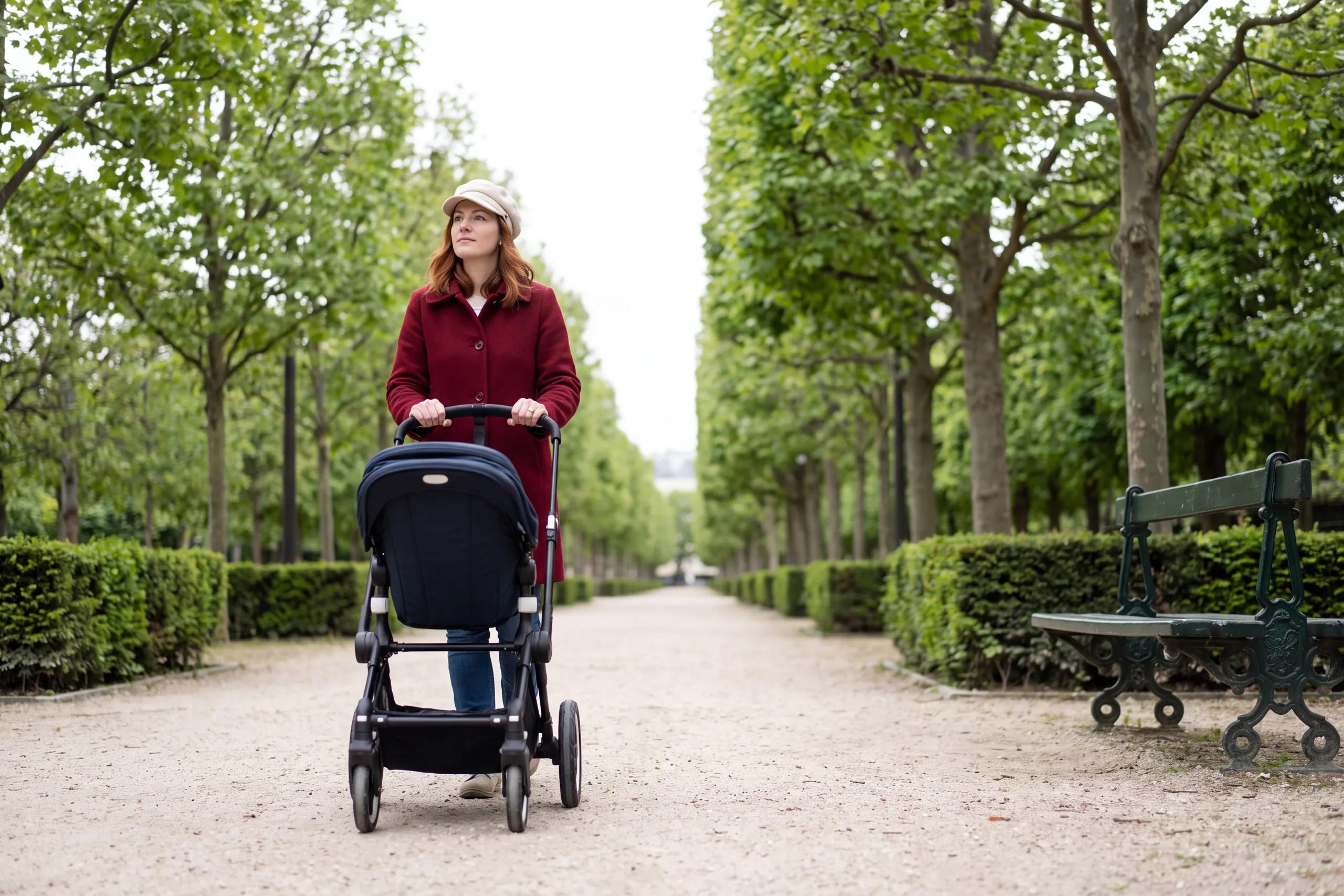 Une femme marche avec une poussette dans une allée d’arbres.