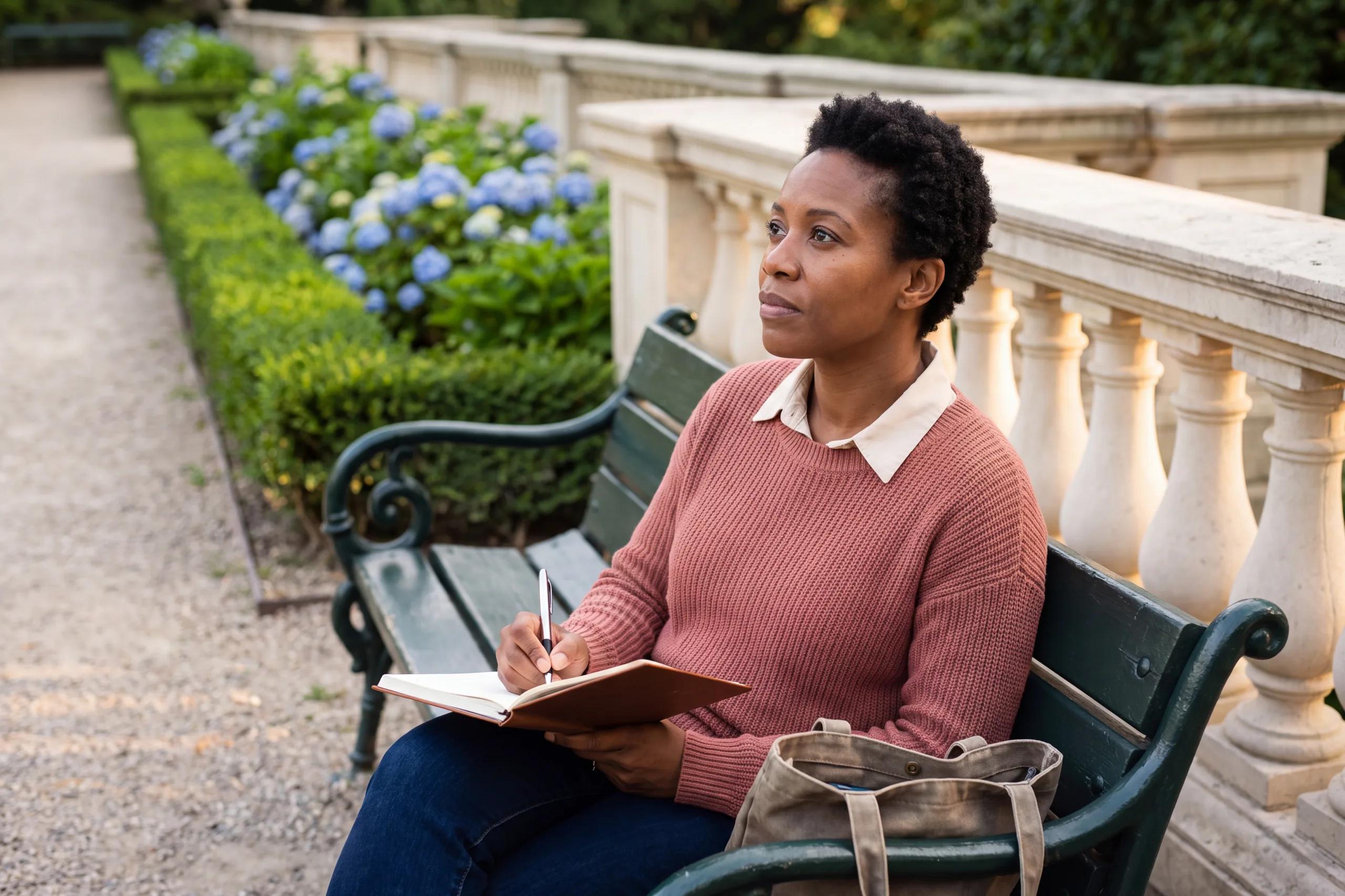 Une femme écrit dans un carnet, assise sur un banc de jardin public.