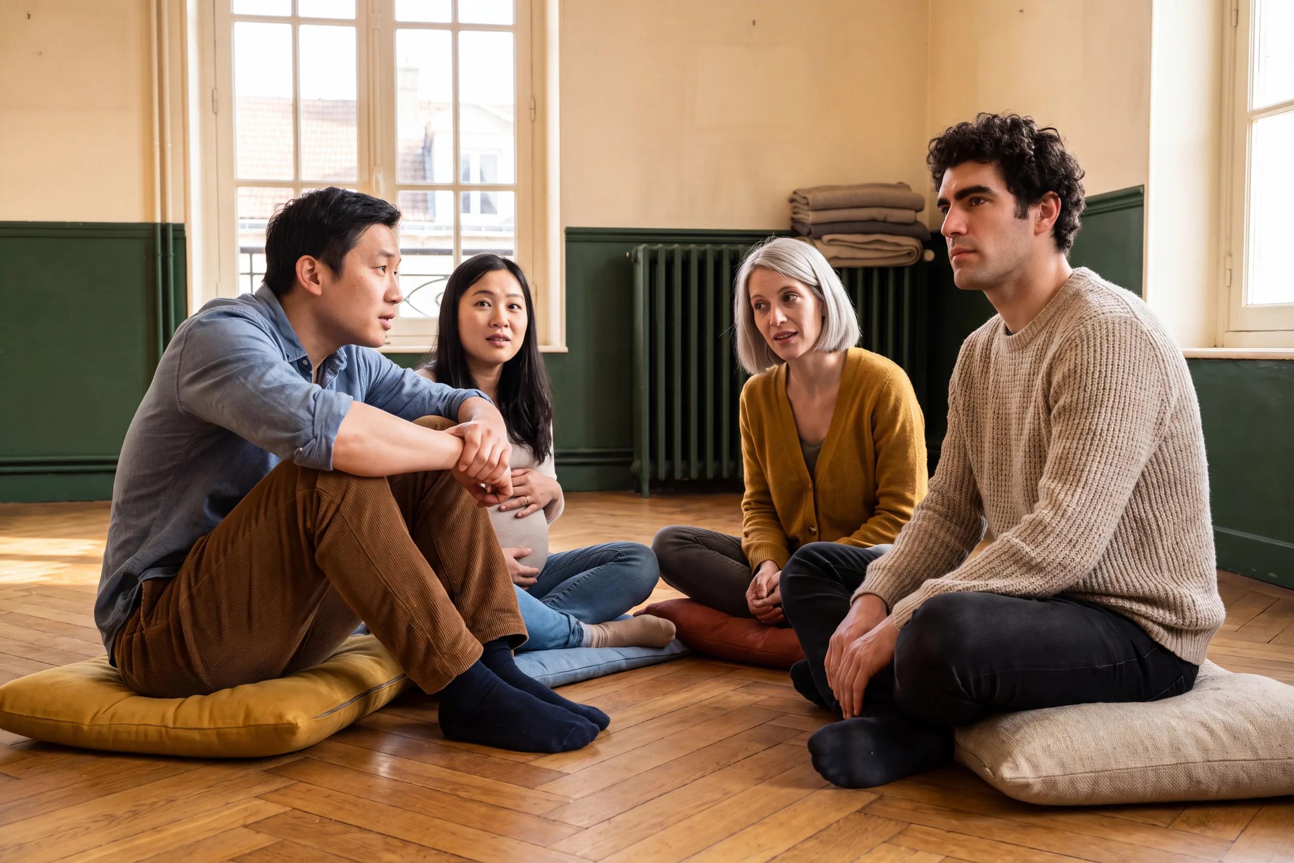 Quatre futurs parents assis en demi-cercle sur des coussins, dans une salle claire.
