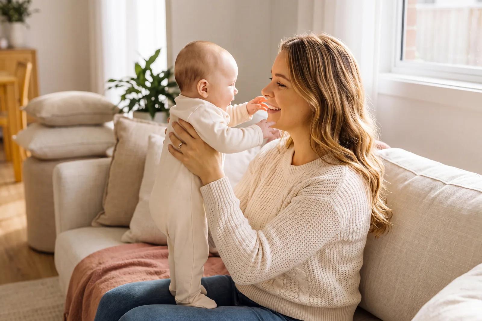 Une jeune mère assise sur un canapé tient son bébé face à elle, tous deux se regardent.
