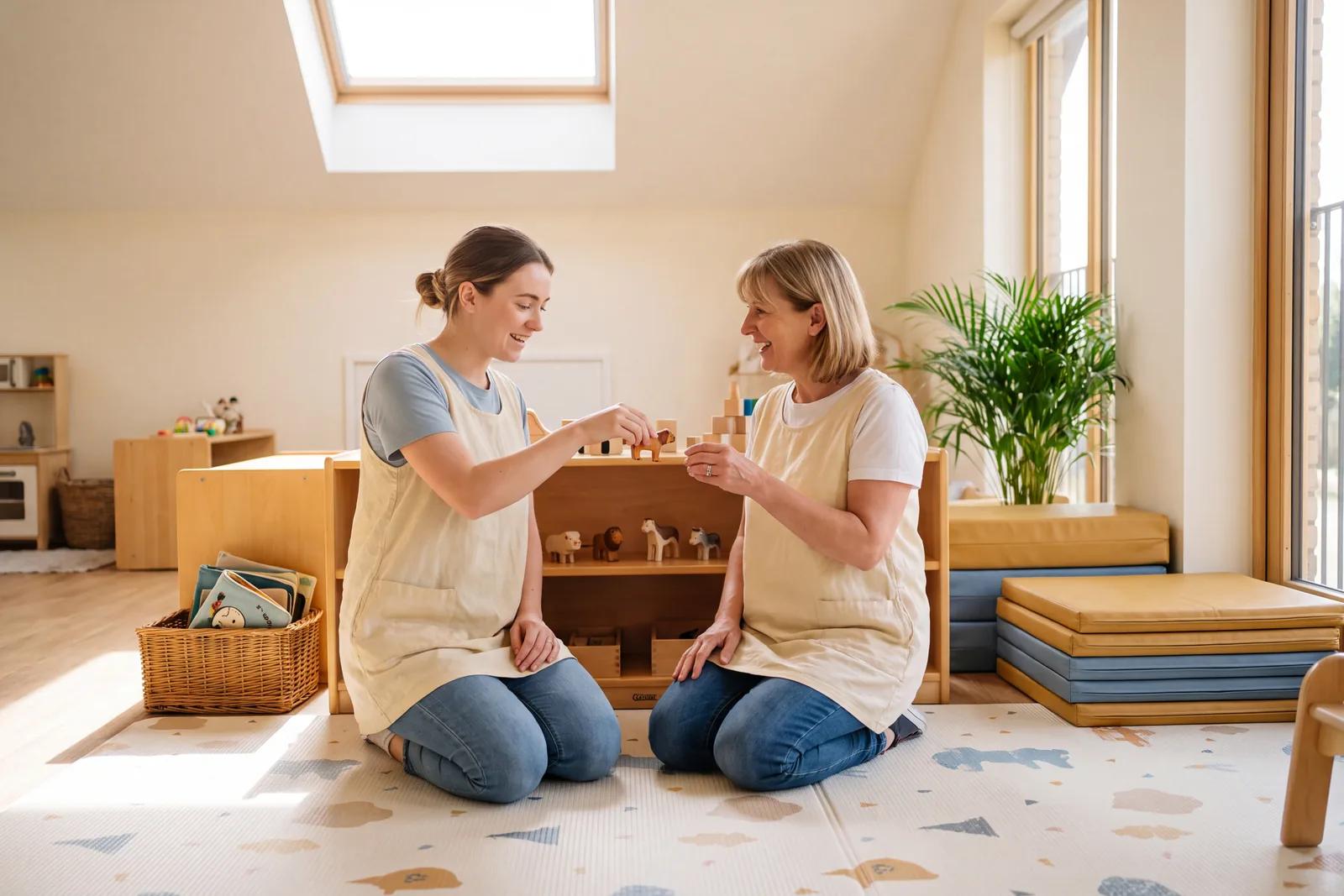 Deux professionnelles de la petite enfance agenouillées sur un tapis, rangeant des jouets en bois.