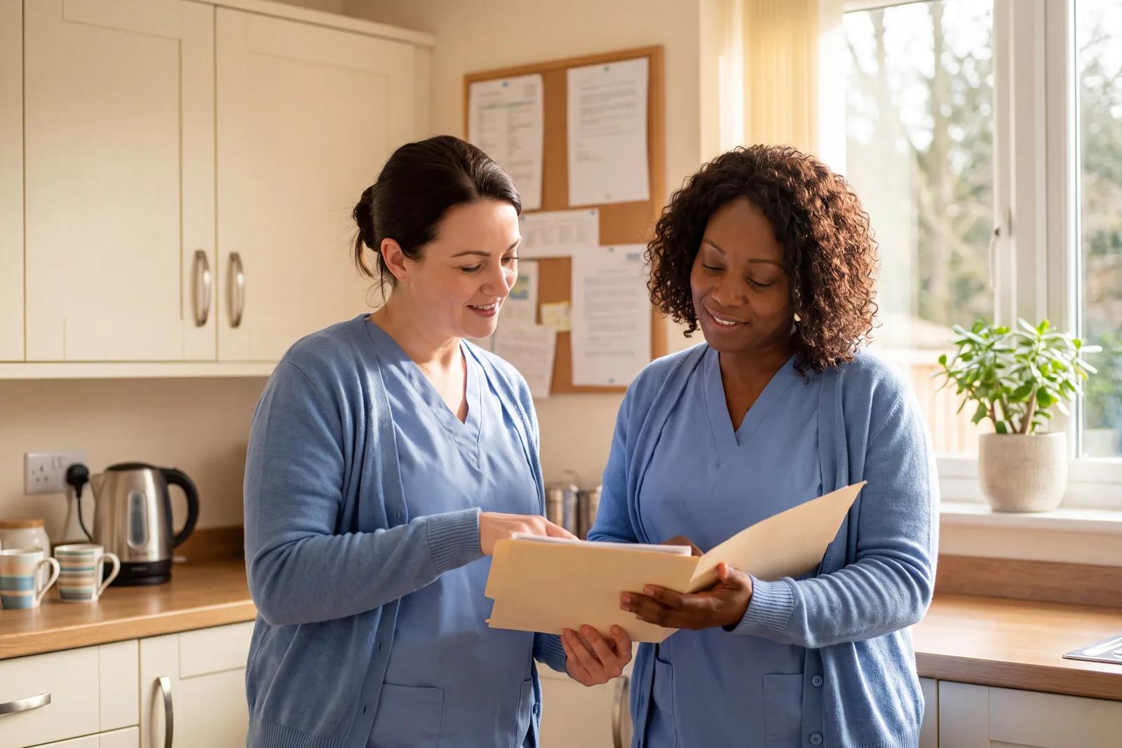 Deux professionnelles de santé en tenue, un dossier ouvert entre elles, dans une salle de repos.