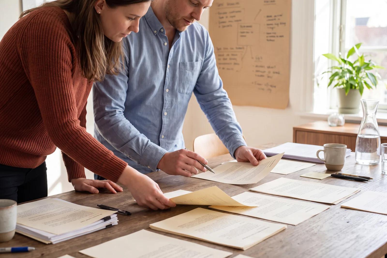 Deux collègues côte à côte au-dessus de documents imprimés étalés sur une table.