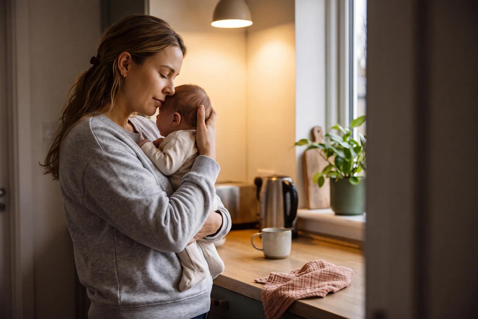 Une mère debout dans une cuisine au petit matin, son bébé contre son épaule, la joue posée sur sa tête.
