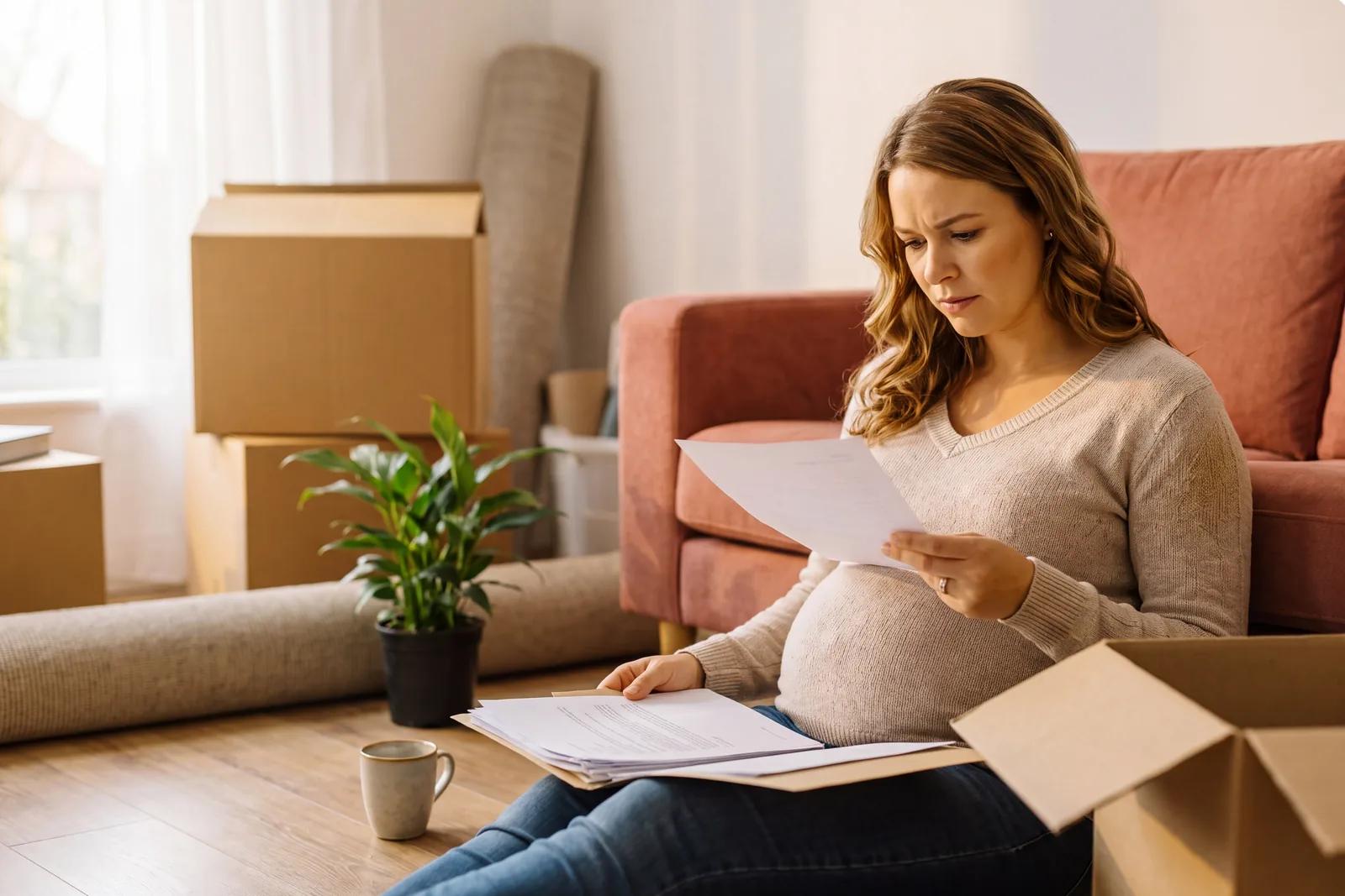 Une femme enceinte assise par terre dans un logement à moitié déballé, un dossier de papiers sur les genoux.