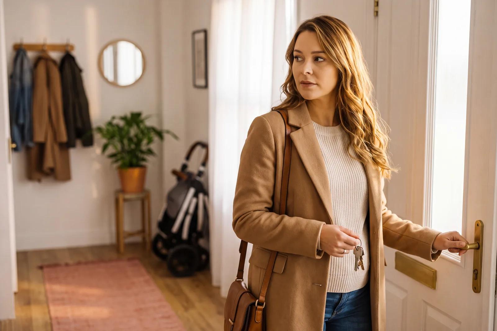 Une femme en manteau, son sac à l’épaule et ses clés à la main, s’arrête sur le pas de la porte et se retourne.
