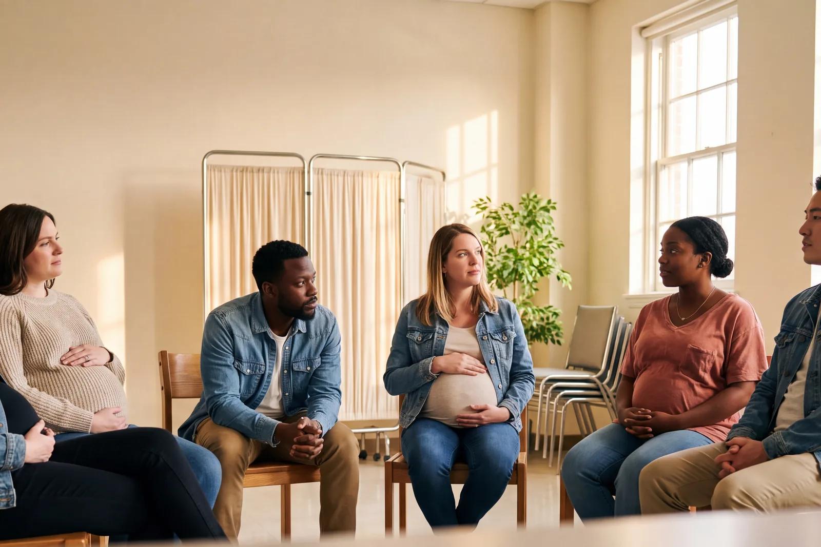 Cinq futurs parents assis en demi-cercle dans une salle claire, attentifs.