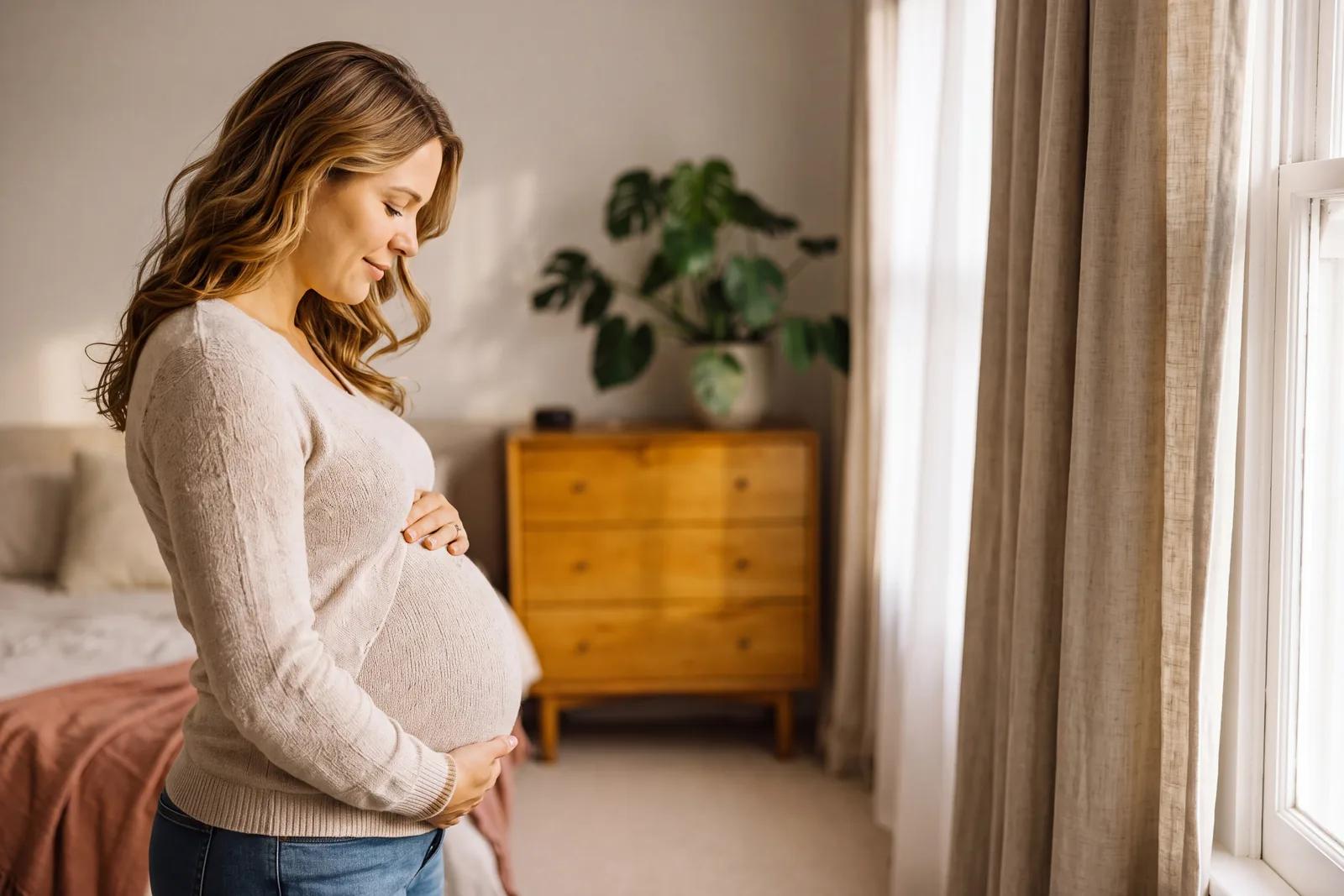 Une femme enceinte debout près d’une fenêtre, les deux mains sous son ventre.