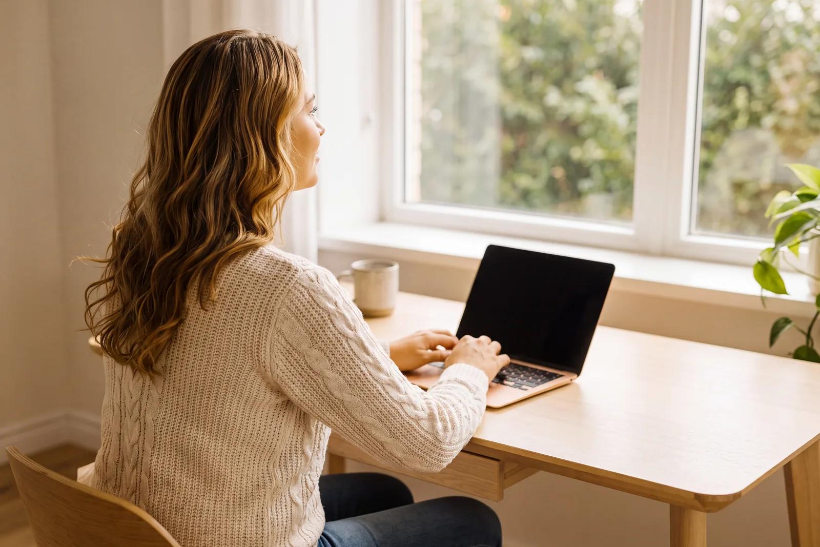 Une femme assise à un bureau devant une fenêtre, les mains sur son ordinateur portable.