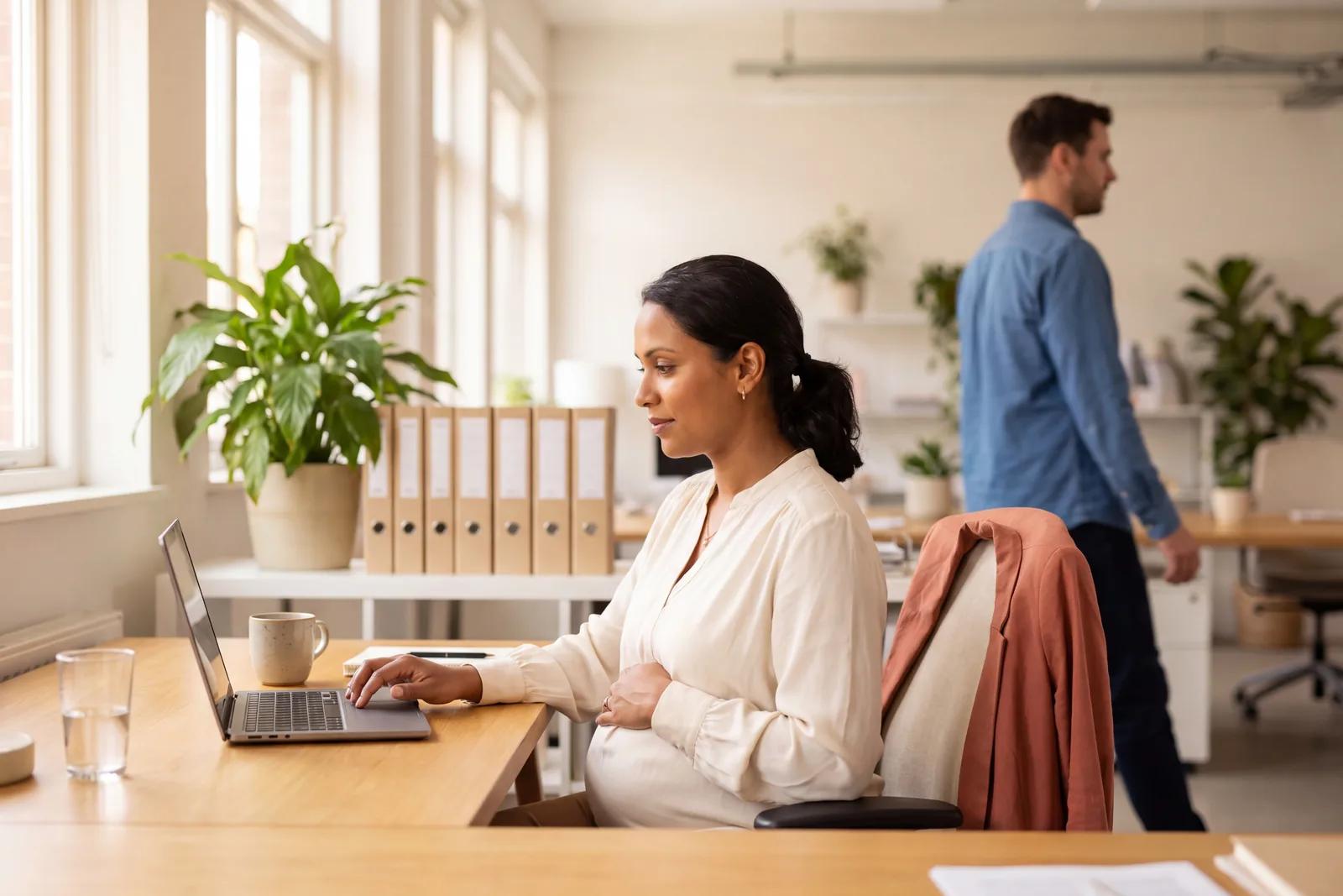Une salariée enceinte à son bureau dans un espace de travail clair, une main sur son ventre.